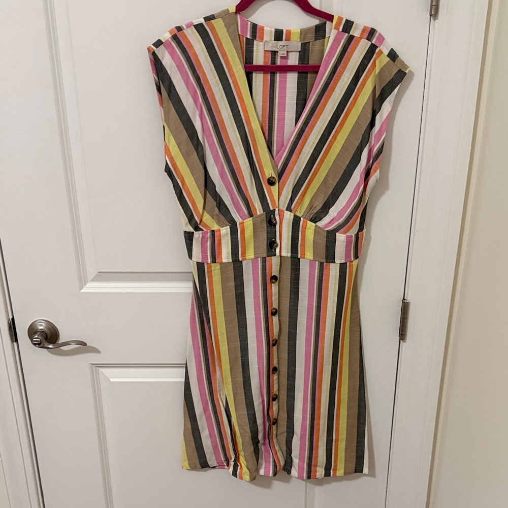LOFT Multicolor Striped Button-Down Mini Dress